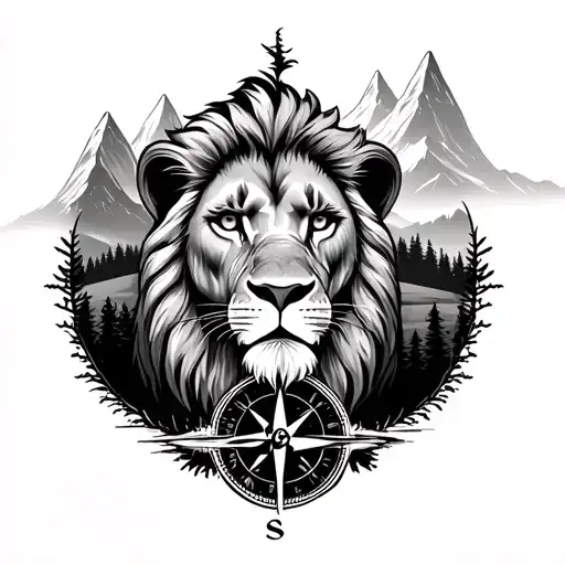 Lion and Löwenbaby with compass and forest and mountain landscape tattoo design idea