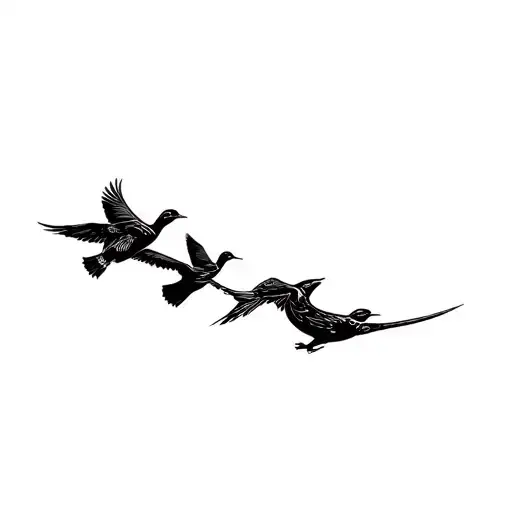 4 birds, a canary, swan, a canary and a nightingale flying in a line, blackout  tattoo design idea