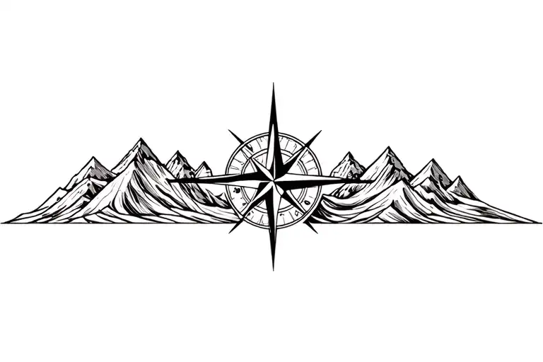 large compass surrounded by intricate geometric mountains and waves, black and white, add triangle pattern tattoo design idea