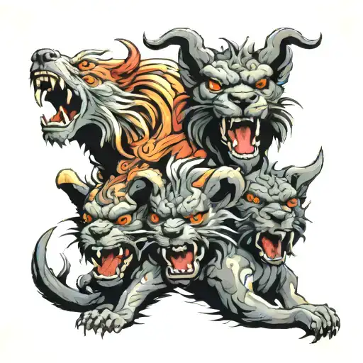 Cerberus in a tradi-Japanese style across the upper abs: three fierce heads . Background of Japanese-style tattoo design idea