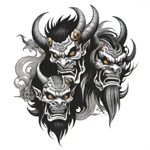 masks of Japanese demons Oni and Hanya and around obstruction of smoke with watercolors tattoo design idea