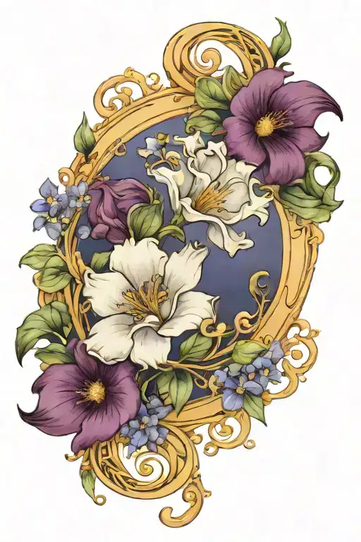 art nouveau, crescent moon, symmetrical floral bouquet, violets, curved motifs tattoo design idea
