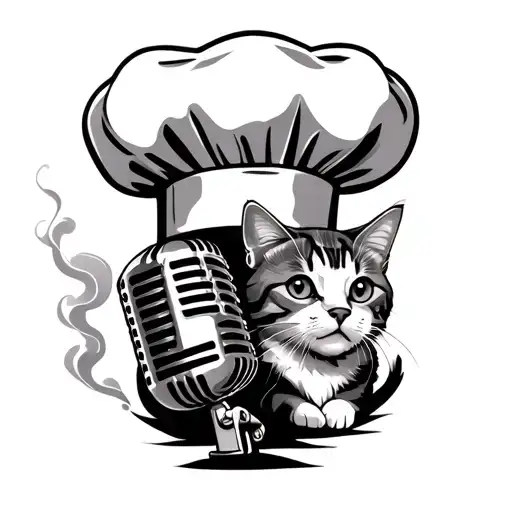 A tattoo design of a chef's hat and a rap music microphone intertwined, with smoke forming the shape of a dog and cat tattoo design idea