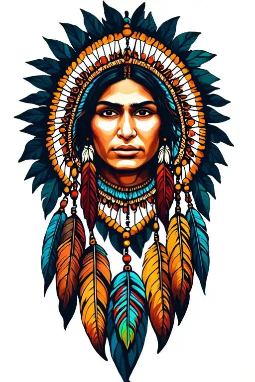 The face of the Indian on the background of a dream catcher with two pendants tattoo design idea