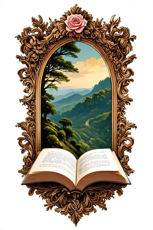 open book below hillside baroque frame tattoo design idea