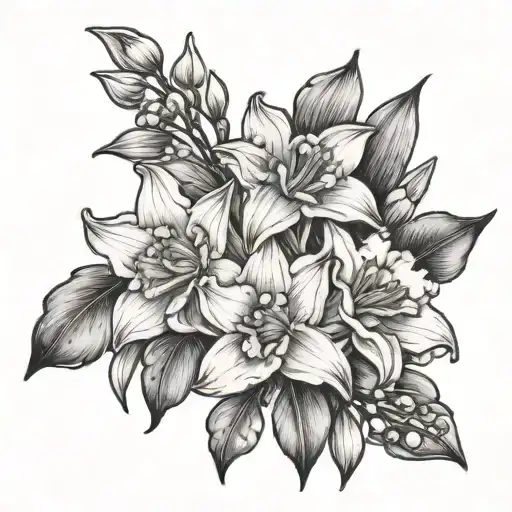 daffodil,marygold, lily of the valley, and honeysuckle tattoo design idea