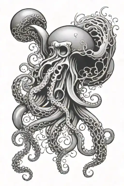 The tentacles stretch from the bottom up. In the center is a New Year's ball. On top is a jellyfish tattoo design idea