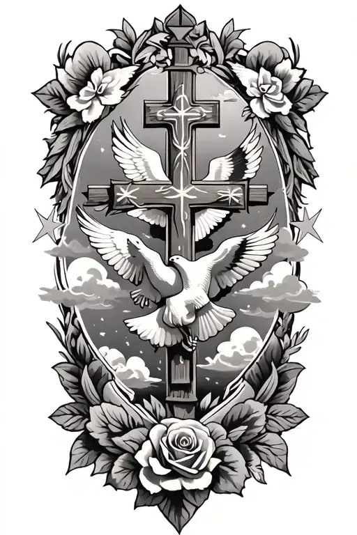 Clouds and White stars and doves and  a rose and a Catholic Cross tattoo design idea