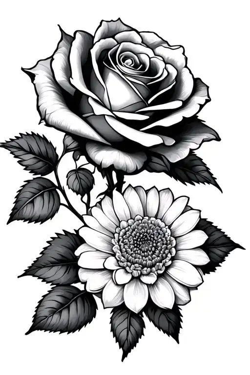 prominent rose with accent chrysanthemums with dotilism and mandala features tattoo design idea
