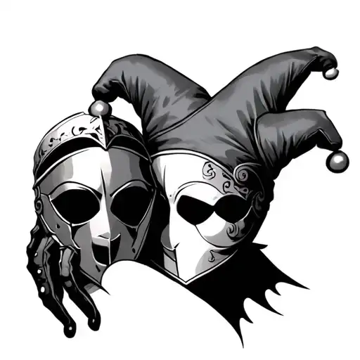 knight glove holding jester mask tattoo design idea