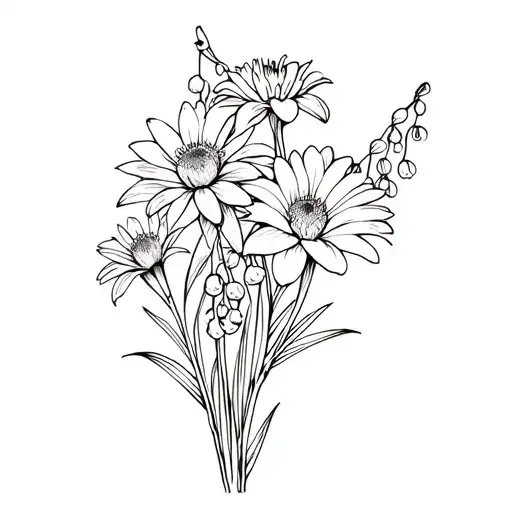 a bouquet with 2 Aster, 1 iris, 1 waterlily, and 1 lily of the valley. tattoo design idea