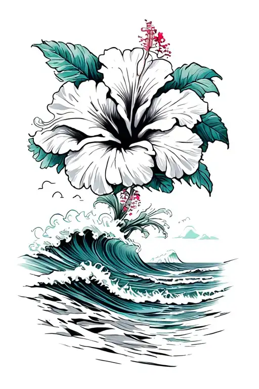 Hibiscus on bottom with waves crashing on a beach tattoo design idea
