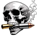 skull with bullet casing in its mouth with smoke coming out of the bullet tattoo design idea