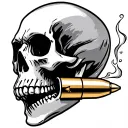 skull with bullet casing in its mouth with smoke coming out of the bullet tattoo design idea