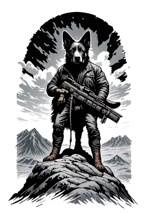mad Max with blue heeler standing on a mountain tattoo design idea