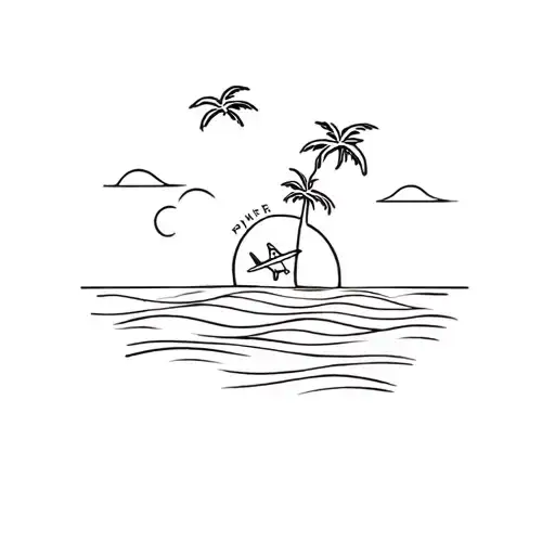 palm tree waves beach sun airplane tattoo design idea