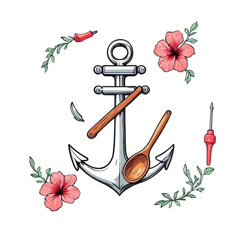 An anchor with a wooden spoon and a screwdriver with hibiscus flower decorations feminine tattoo design idea