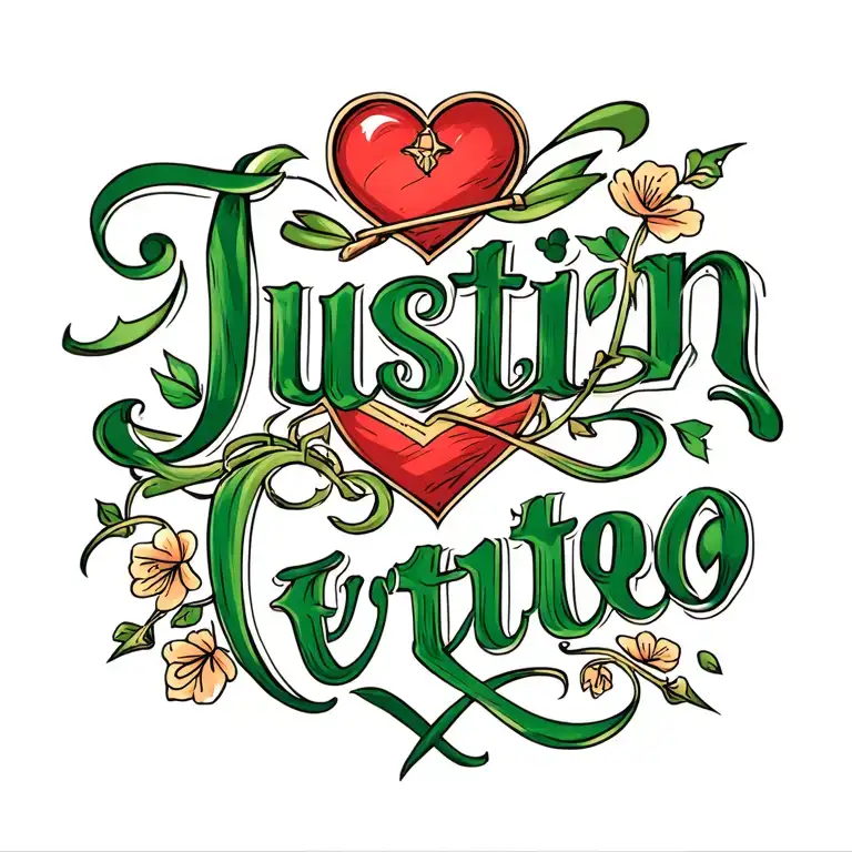 Justin in cursive font with a compas irish and heart tattoo design idea
