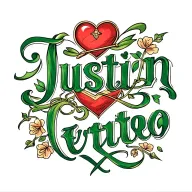 Justin in cursive font with a compas irish and heart tattoo design idea