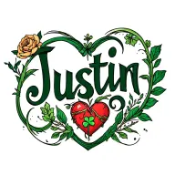Justin in cursive font with a compas irish and heart tattoo design idea