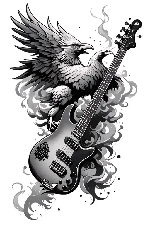 Phoenix bird with smoke rising from upper arm and a bass guitar under  tattoo design idea