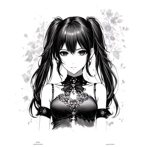 Vertical black and grey anime girl tattoo flash,mid-torso portrait, goth idol with twin ponytailsthat girl is misa amane tattoo design idea