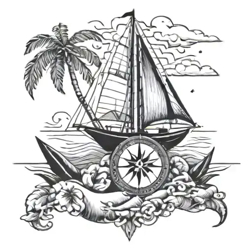 A tropical boat sailing on the ocean with a compass in the foreground tattoo design idea