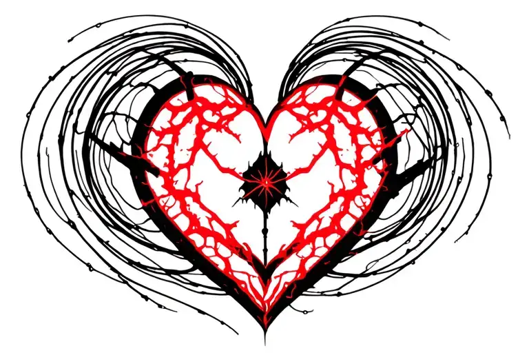 cybercigilism heart shape with string lightning on the outside and a clear center with red and black veins inside it. tattoo design idea