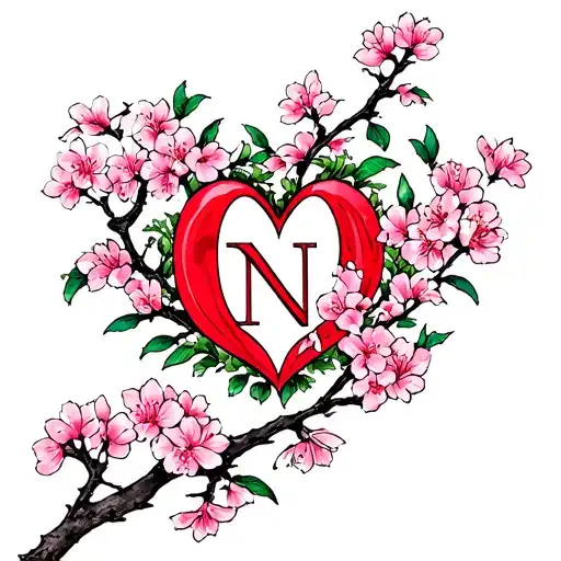Letters C and N Ensemble surrounded by a heart of rosy Japanese cherry branches tattoo design idea