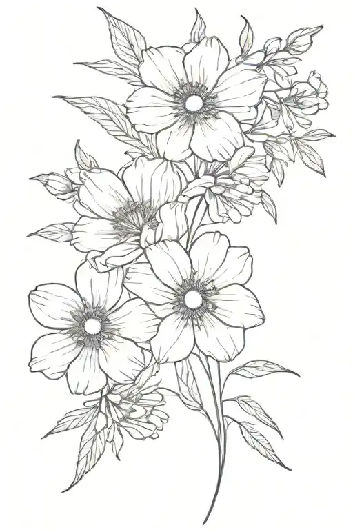, larkspur, poppy and cosmos flowers tattoo design idea