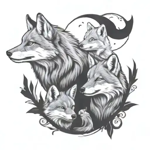 mom fox dad wolf and 2 cubs tattoo design idea