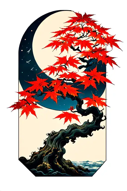 Japanese maple tree with leaves moon tattoo design idea
