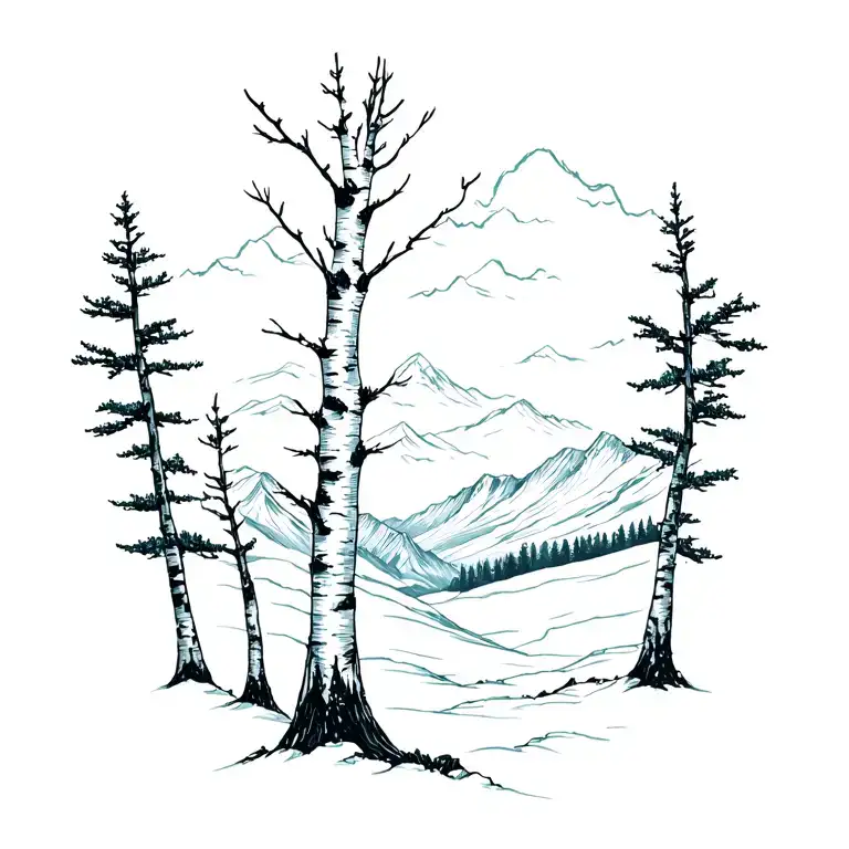 birch trees with mountains in the background tattoo design idea