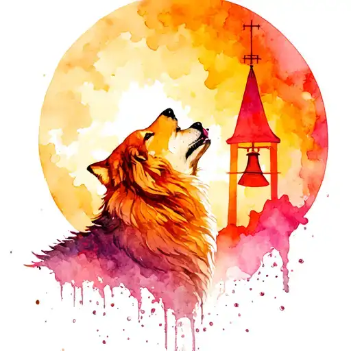 A tattoo design of a wolf howling in harmony with the church bells ringing in the background tattoo design idea