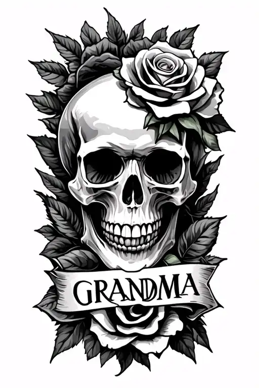 Skull and rose intertwined within the word grandma along the forearm from the wrist to the elbow  tattoo design idea