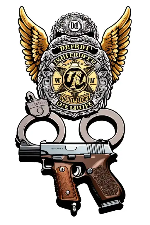 deputy sheriff's badge intertwined with handcuffs and a Glock pistol with guardian angel wings tattoo design idea