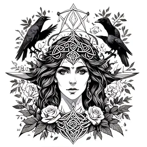 Celtic Goddess, Morrigan. Surrounded by ravens, roses and swords tattoo design idea