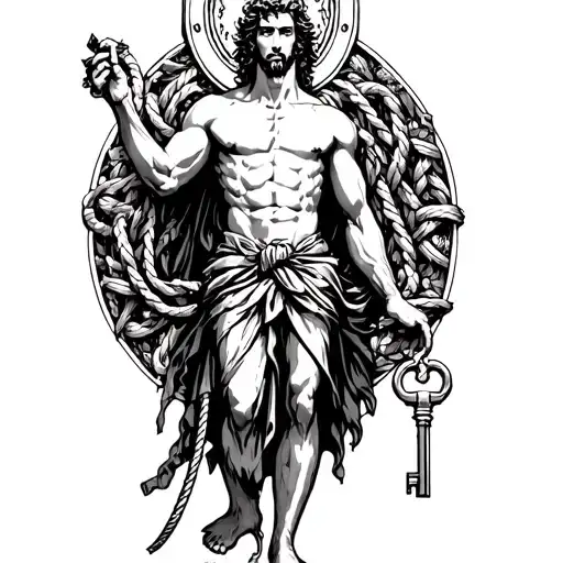 A powerful male god figure with a whip and a key, surrounded by elements of bondage and control and a dungeon, masculine tattoo design idea