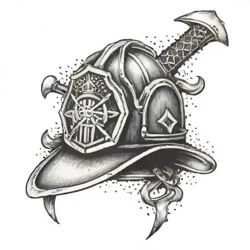 A dotwork tattoo of a firefighter's helmet with crossed axes and flames in the background tattoo design idea