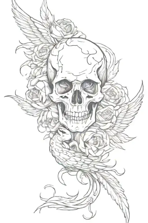 skull roses and a phoenix tattoo design idea