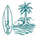 Palm tree with surfboard on tree with anchor and wave  tattoo design idea