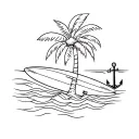 Palm tree with surfboard on tree with anchor and wave  tattoo design idea