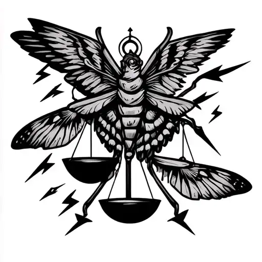 A black-and-white tattoo design featuring small lightning bolts, moths, and a symbol of justice tattoo design idea