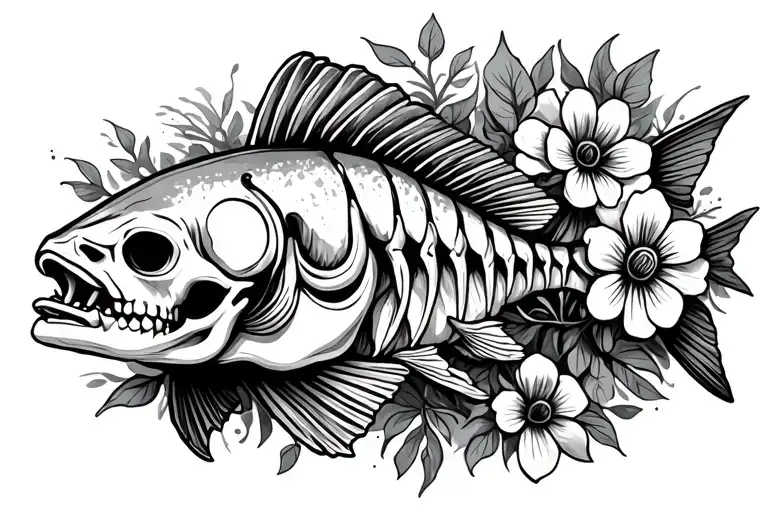 skeleton walleye fish with flowers tattoo design idea