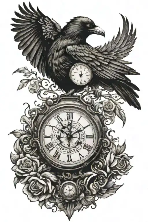 asrtonmical clock with a crow flying. acoustic guitar merging tattoo design idea