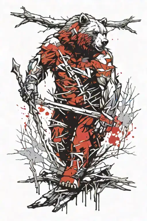 Barren landscape, tired warrior in the form of a bear against the background of a dead tree tattoo design idea