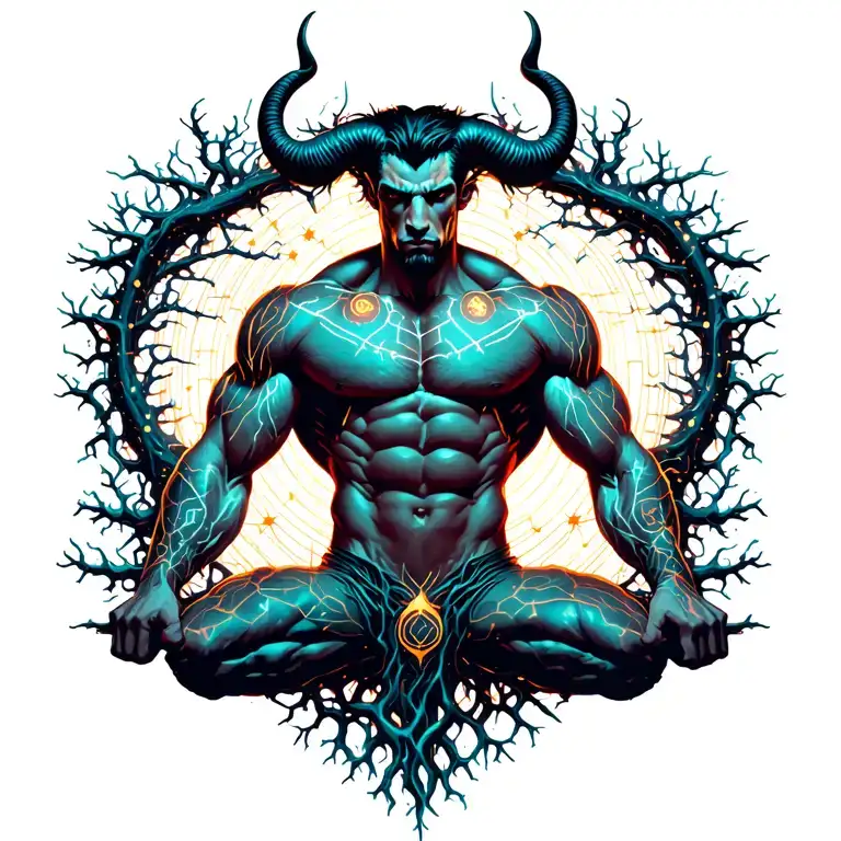 sexy gay male horned satyr with massive bodybuilder muscles flex. cyber tree roots, vines and constellations tattoo design idea