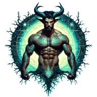 sexy gay male horned satyr with massive bodybuilder muscles flex. cyber tree roots, vines and constellations tattoo design idea