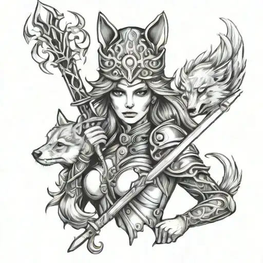 fire princess with flaming sword and fox helmet tattoo design idea