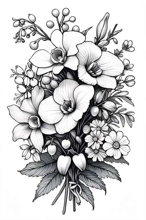 boquet including orchid, rose, daisy, indian paintbrush, lily of the valley, lilac, daffodil, carnation and snow drop  tattoo design idea